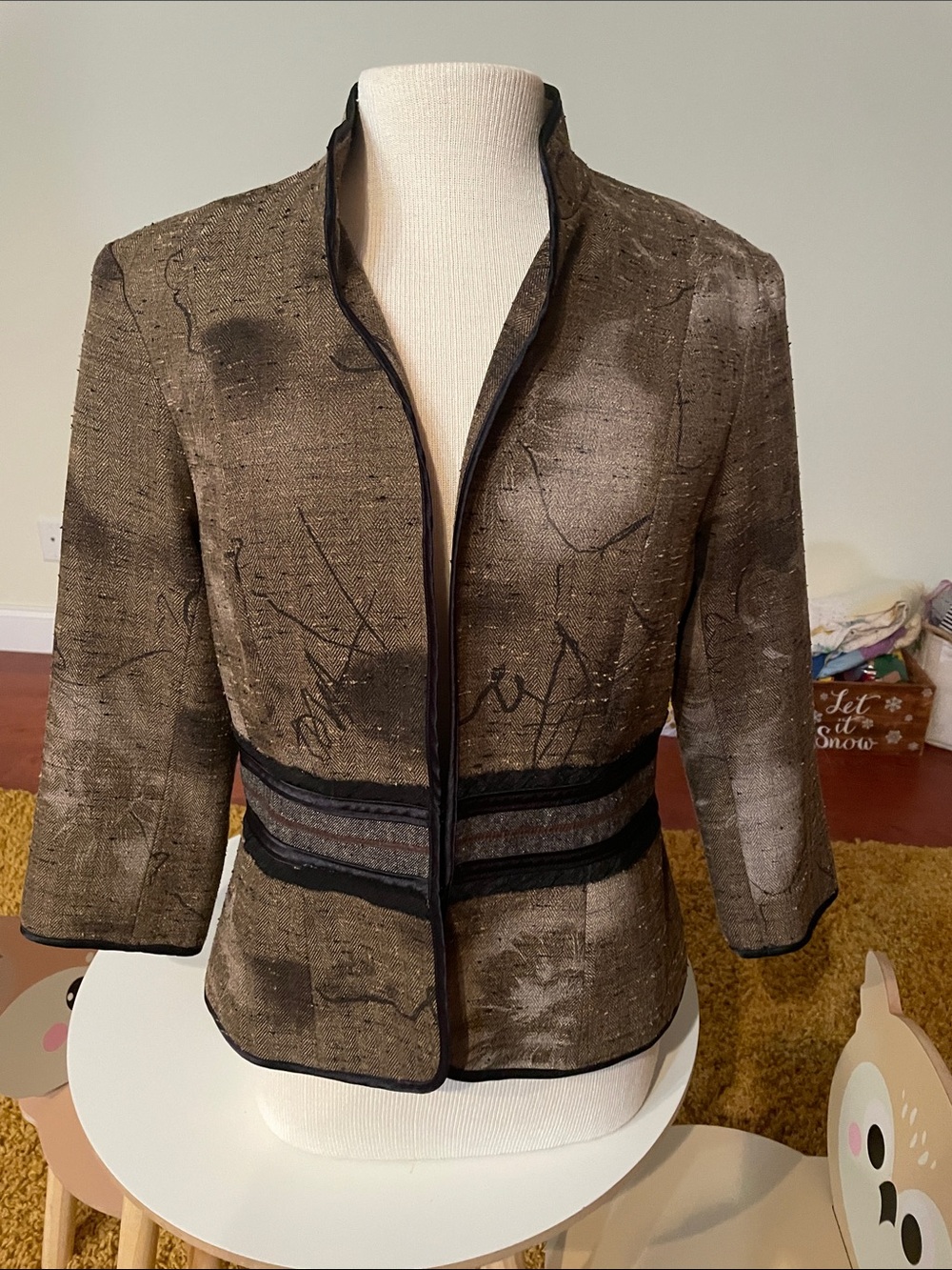 Multiples Brown Textured Cropped Blazer with Black Trim
